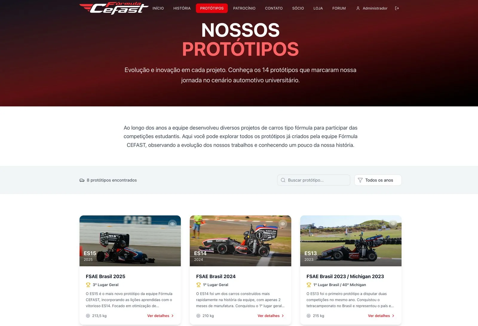 Página de protótipos, com o histórico de carros da equipe e o resultado de cada competição.