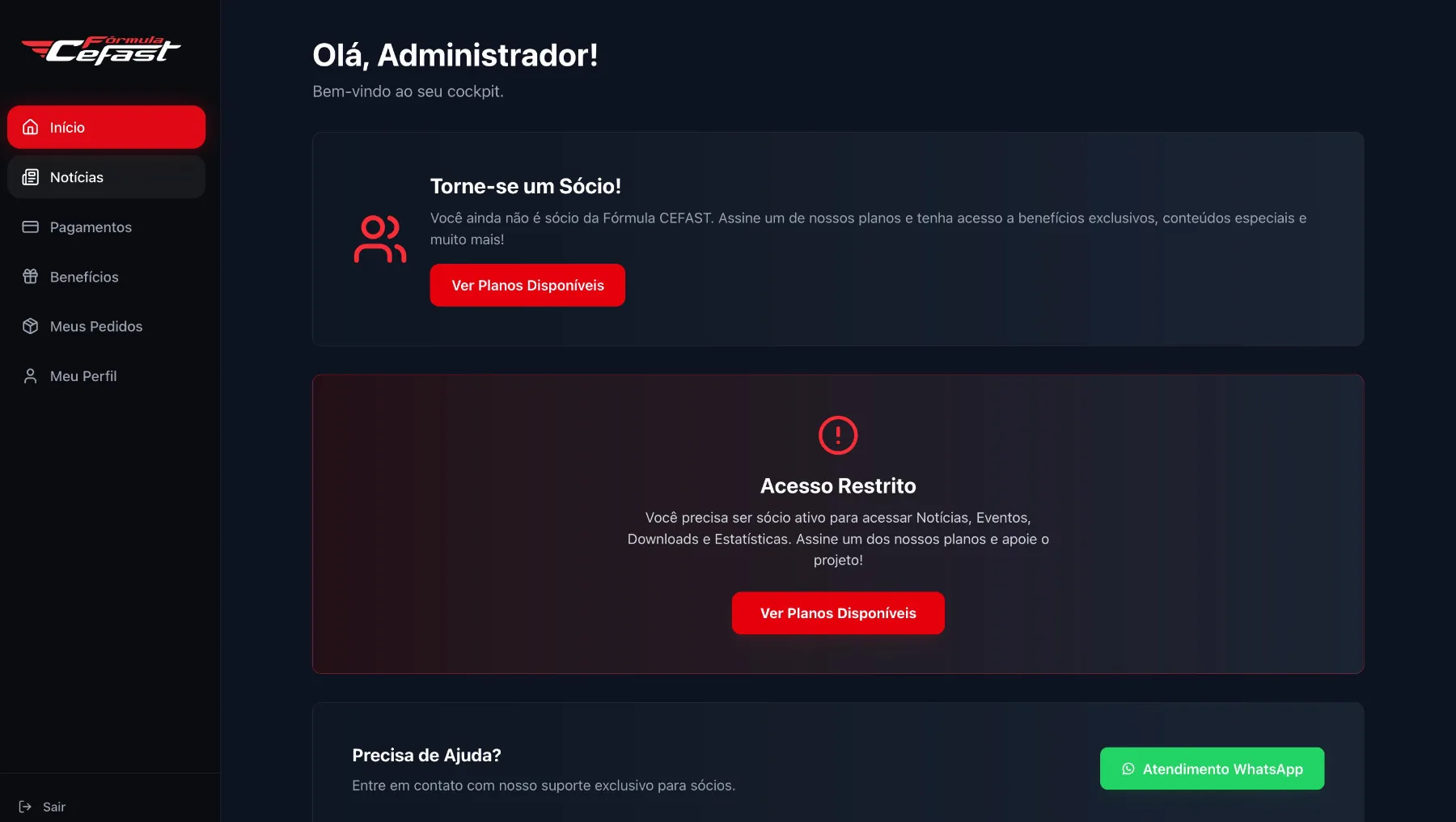 Área do associado: o menu de planos, pagamentos e pedidos, e o bloqueio de conteúdo para quem ainda não assinou.