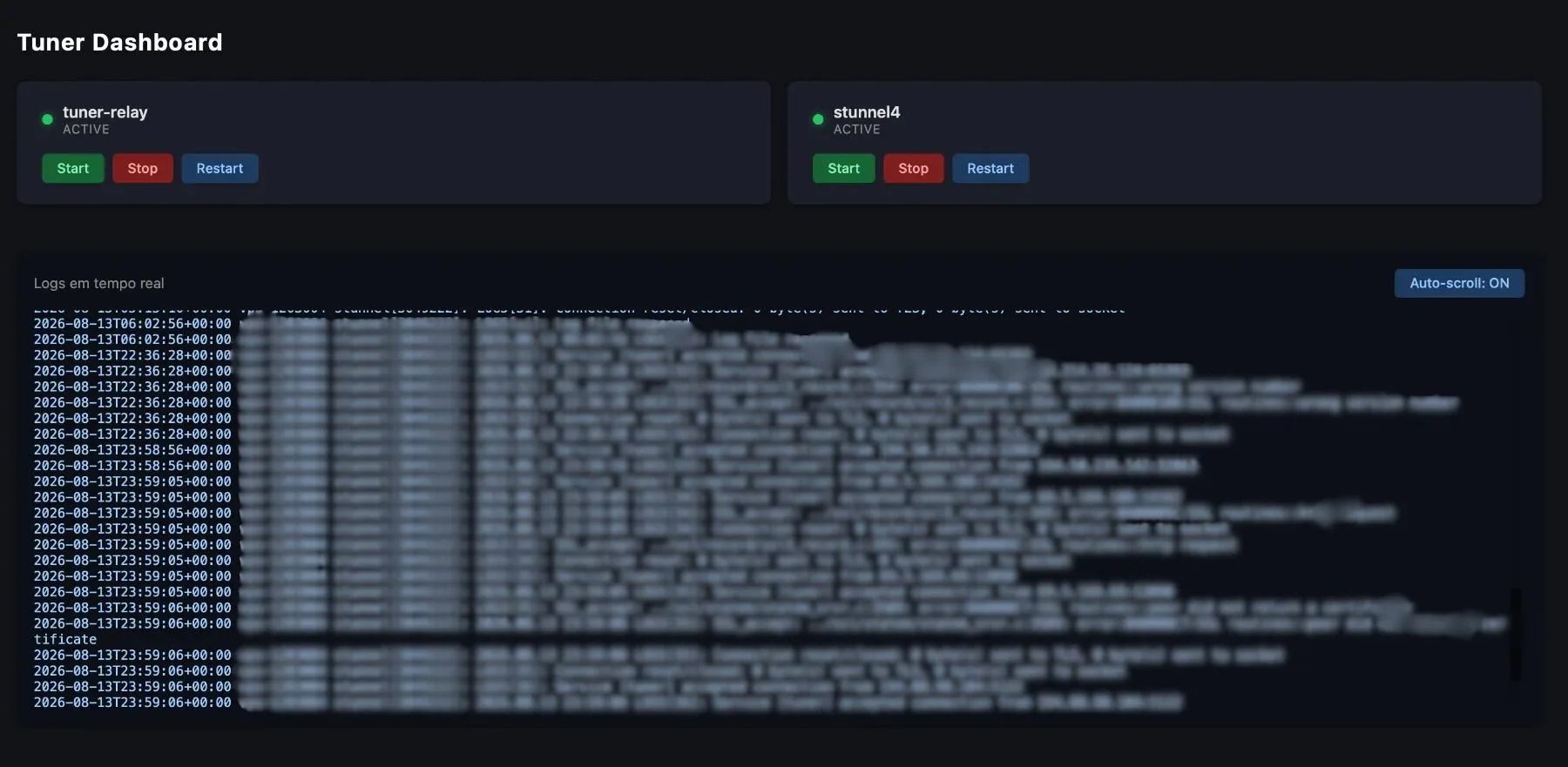 Painel de operação do relay na VPS: estado dos serviços e log em tempo real.