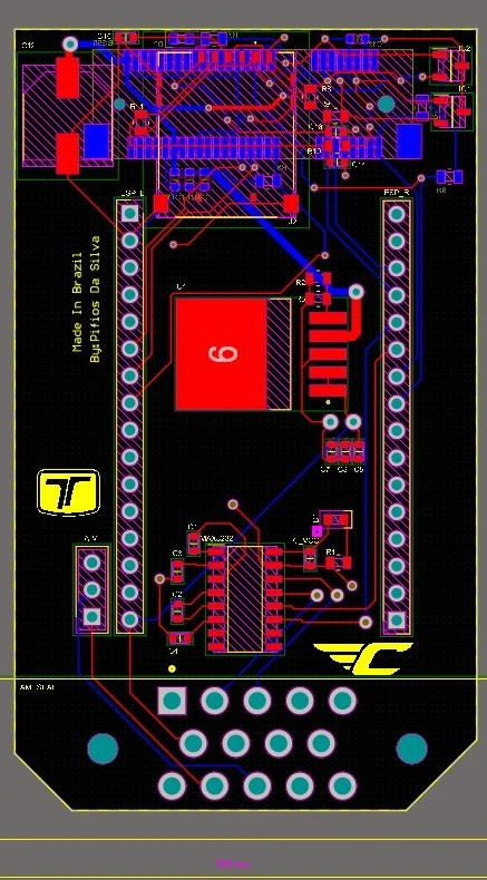 Layout da PCB do módulo de telemetria em Altium Designer, com as duas camadas de cobre sobrepostas.
